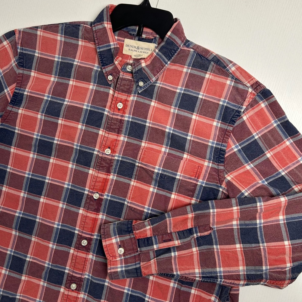 Denim & Supply Ralph Lauren Mens XL Plaid Button Down Shirt Red Blue Cotton